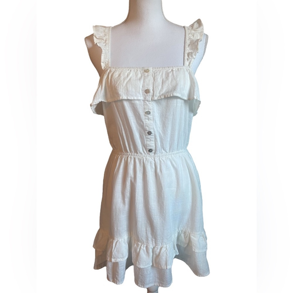 Favlux Fashion Ivory Ruffle Square Neck Sleeveless Tiered Beach Mini Dress Med